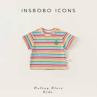 儿童T恤彩虹条纹女童韩版上衣时髦洋气男童短袖百搭INSbobo