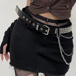 哥特重金属蒙古包朋克铆钉挂链腰带，男女通用时尚，个性潮流皮带黑色