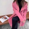 粉色连帽双面羊绒，大衣女2023年秋季韩版小个子羊毛宽松外套