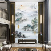 新中式富山春居图山水壁画玄关，复式楼挑高别墅客厅背景墙壁纸壁布
