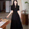 新中式国风黑色立领连衣裙，女夏季改良旗袍，复古气质开叉修身小黑裙