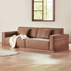 北美黑胡桃木沙发意式极简原木大板沙发四人位纳帕牛皮客厅家具