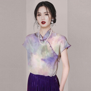 “新中式就是顶流”真丝，桑蚕丝复古轻国风盘扣，紫色上衣衬衫衬衣女