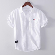 香港白色牛津纺休闲短袖衬衫男夏季宽松青年翻领透气纯棉衬衣