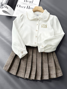 女童衬衫2024春秋白色纯棉，弹力打底衫，学院风娃娃领百搭儿童衬衣
