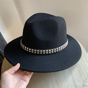黑色铆钉帽子秋冬羊毛呢礼帽女英伦复古平顶帽毡帽时尚爵士帽女士
