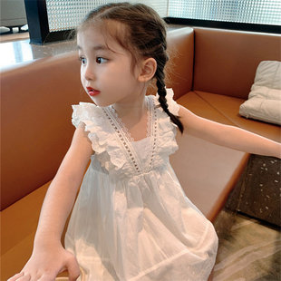 女童连衣裙夏季2024儿童，无袖裙子白色，背心裙女宝宝蕾丝公主裙