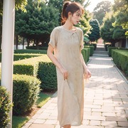 新中式女装夏季短袖提花连衣裙女中国风改良旗袍复古茶服长裙