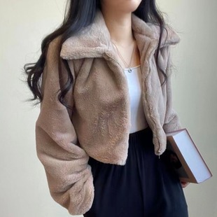 韩国chic秋冬法式减龄拉链翻领，保暖毛绒绒(毛绒绒，)皮草外套女短款开衫外套