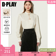 dplay2024白色新中式上衣，长袖盘扣国风，春日女士衬衫