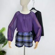 紫色一字领雪纺衫泡泡，上衣春夏秋时尚，设计感宽松遮肚性感透视衬衫