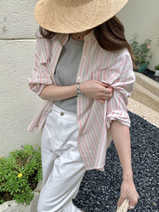韩系条纹防晒粉色单排扣翻领肌理，感宽松衬衫，女洋气减龄tt8776