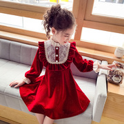 女童连衣裙秋冬中大童丝绒公主裙甜美法式加绒小女孩红色裙子
