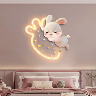 儿童房装饰画可爱兔子灯画公主，房背景墙壁画温馨女孩卧室床头挂画