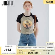 JIUJIU撞色印花T恤女短袖2023夏设计感小众显瘦圆领短款上衣