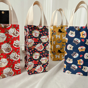 日式帆布手提袋小包招财猫高级布袋子棋盘格方形质感水杯袋手提包