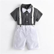 韩版2022款男童绅士休闲条纹衬衫背带裤套装22一儿童节表演服夏季