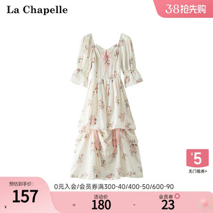 拉夏贝尔/La Chapelle秋季V领五分袖泡泡袖收腰显瘦印花连衣裙子