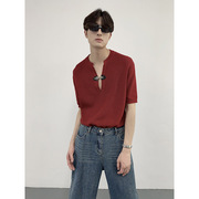 夏季锁扣设计款V领酒红短袖针织衫韩版纯色百搭T恤男女