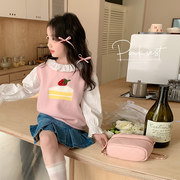 女童毛线马甲2024春装，宝宝可爱套头，上衣韩版儿童冰淇淋针织衫