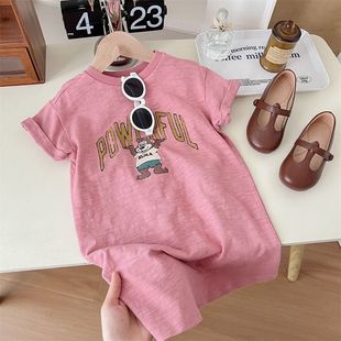 韩版童装女童短袖t恤裙2024年夏季洋气宝宝，卡通印花中小童连衣裙