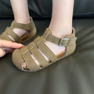 小孩凉鞋男款儿童夏季勃肯鞋，女童包头镂空罗马鞋真皮编织宝宝童鞋