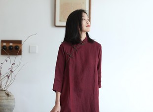 大拙东方自然美新中式改良气质，复古色织亚麻连衣裙60109