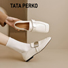 TATA PERKO联名软皮蝴蝶结单鞋女法式粗跟真皮浅口白色方头高跟鞋