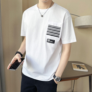 白色短袖t恤男夏季纯棉，宽松口袋条纹半袖，休闲潮牌上衣男装体恤衫
