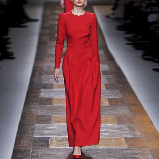 2024春季法式优雅女神范宴会(范宴会)礼服红色长袖修身显瘦连衣裙