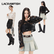 lacrawfish2024纯欲辣妹短款v领连帽，镂空蕾丝雪纺衫上衣女