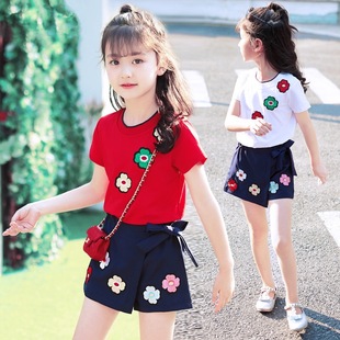 童装女童夏季短裙套装2023韩版夏款花朵短袖运动套装两件套