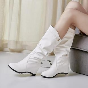 2019韩版单靴子女靴春秋冬季内增高高跟中筒靴长靴高筒白色