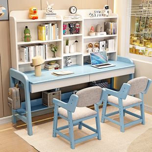 儿童书桌书架组合一体，可升降实木双人学习桌，家用卧室学生写字桌椅