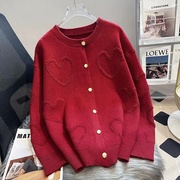 本命年红色毛衣外套女秋冬时尚洋气宽松慵懒风针织开衫