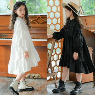 女童连衣裙春秋新中式衬衫裙，纯棉儿童裙，灯笼袖纯色大童女孩蛋糕裙