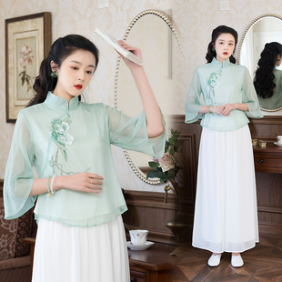 夏装中国风复古气质中式雪纺改良旗袍七分袖上衣阔腿裤两件套装女