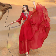 复古民族风红色连衣裙女沙漠旅拍泰国旅游大摆中长裙QZ0199送抹胸