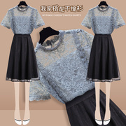 气质镂空雪纺短袖蕾丝衬衫，2023夏季高腰针，织网纱半身裙两件套
