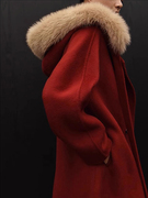 大狐狸毛领红色毛呢外套，女冬2023气质，宽松保暖羊毛双面呢大衣