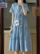 浅蓝色连衣裙少女夏季2024甜美学院风收腰显瘦中长款森系裙子
