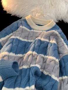 港风森系条纹毛衣外套，男秋冬季2023日系，复古宽松慵懒风针织衫