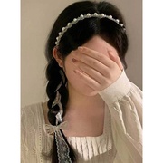 发夹八字刘海超仙白色蕾丝水晶珍珠发带绑发飘带法式丝带发箍头饰