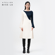 AtelierMissLu设计师品牌不规则曲线拼接藏青米白连衣裙
