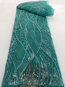 欧美绿色蕾丝亮片珠子连衣裙旗袍婚纱舞台礼服装面料重工布料刺绣