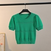 夏季绿色泡泡袖T恤冰丝圆领套头2023超薄透气小孔针织打底衫