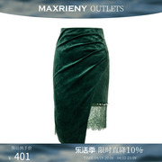 奥莱MAXRIENY宝石绿半身裙秋季复古风丝绒裙短裙