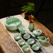 景德镇手绘青瓷茶具家用荷花，功夫陶瓷套装整套龙泉鱼茶杯泡茶茶壶
