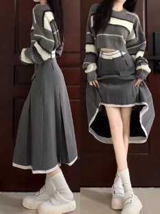韩系学院风套装裙女秋冬季慵懒风短款针织毛衣搭配百褶长裙两件套