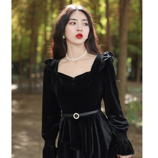 初秋2022年女装套装法式黑色长袖金丝绒连衣裙两件套春秋季